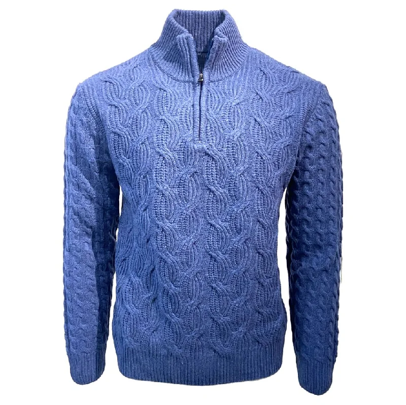 Men's Sweaters in Pastel ShadesItalian-Made Quarter-Zip Rope Knit Wool Blend Sweater in Indigo by Viyella Men's Sweaters in Pastel ShadesItalian-Made Quarter-Zip Rope Knit Wool Blend Sweater in Indigo by Viyella