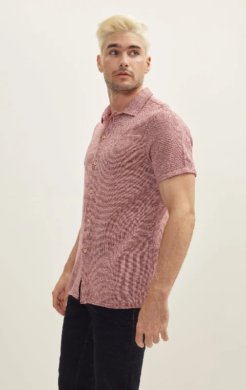 Knitted Polo Buttoned Short Sleeve Shirt - Burgundy