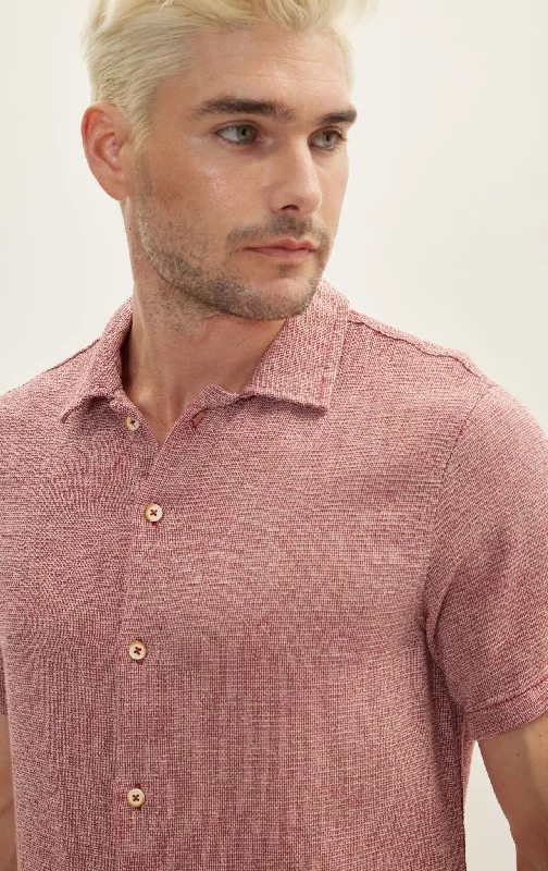 Knitted Polo Buttoned Short Sleeve Shirt - Burgundy