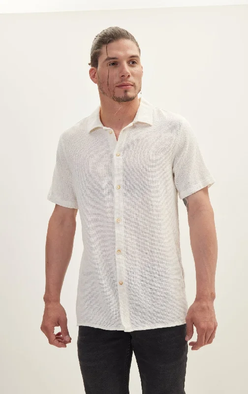 Knitted Polo Buttoned Short Sleeve Shirt - Off White