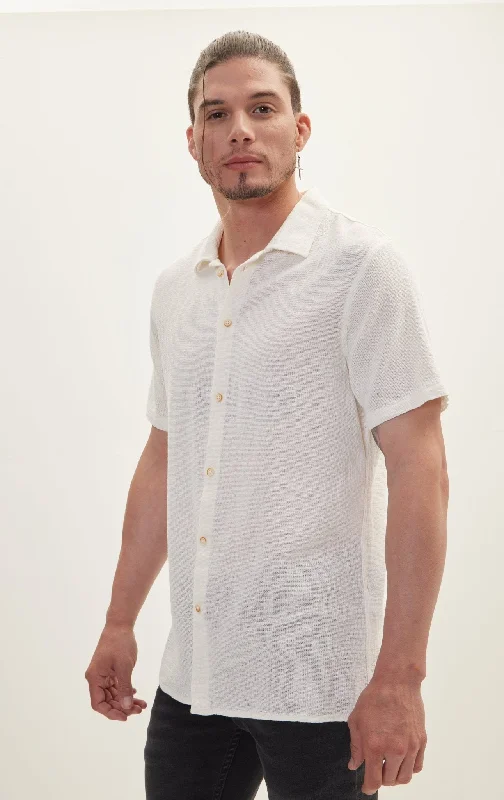 Knitted Polo Buttoned Short Sleeve Shirt - Off White