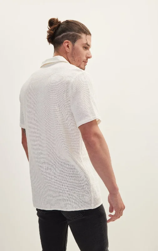 Knitted Polo Buttoned Short Sleeve Shirt - Off White