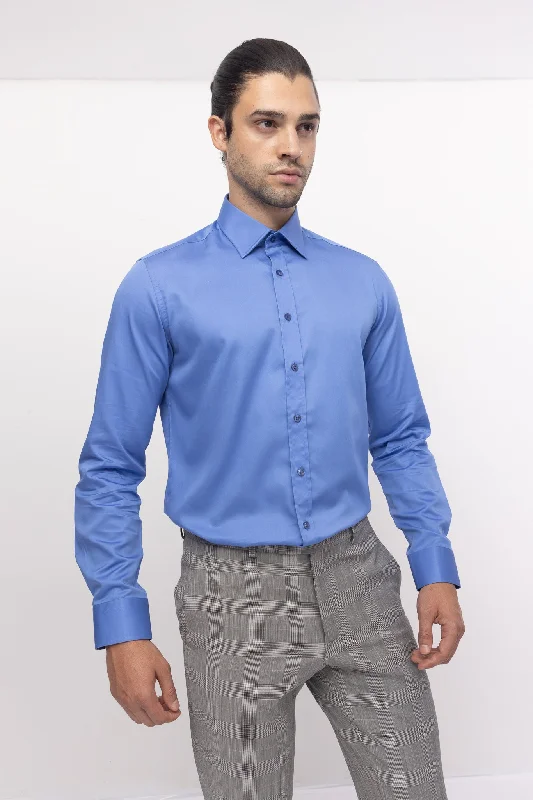 Pure Cotton Classic Collar Sateen Dress Shirt - Blue