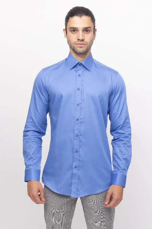 Pure Cotton Classic Collar Sateen Dress Shirt - Blue