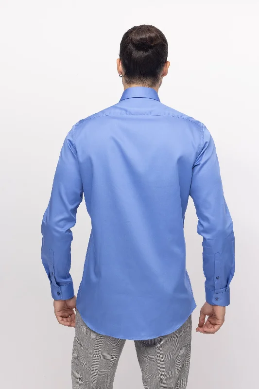 Pure Cotton Classic Collar Sateen Dress Shirt - Blue