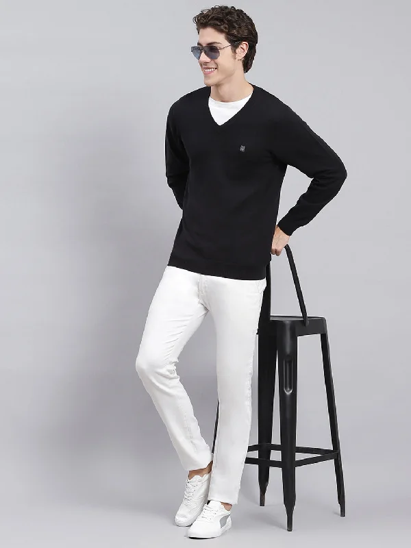 Men Black Solid Cotton Pullover