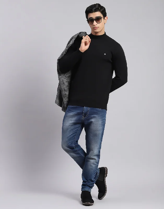 Men Black Solid T Neck Full Sleeve Sweaters/Pullovers