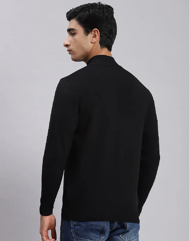 Men Black Solid T Neck Full Sleeve Sweaters/Pullovers