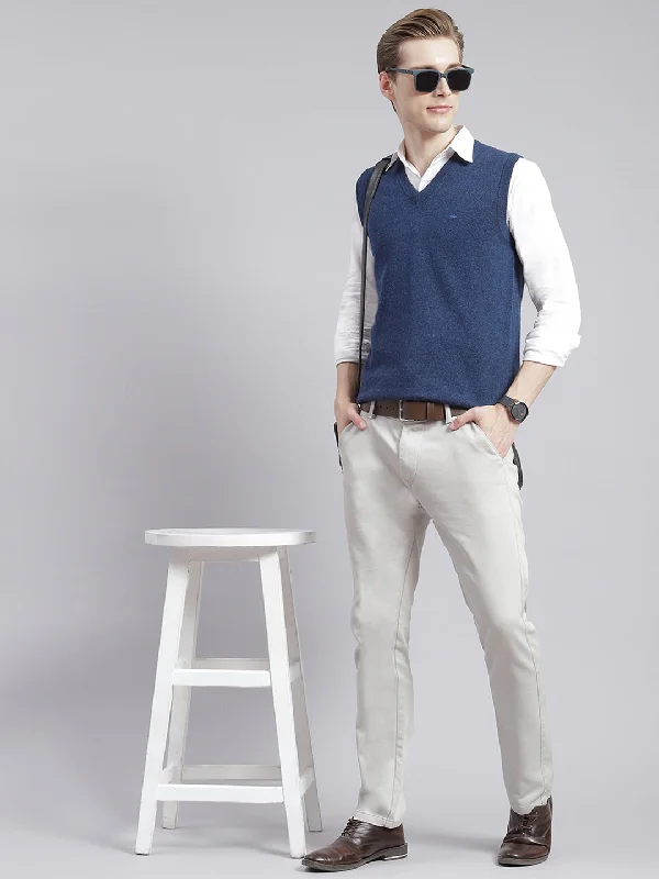 Men Blue Solid V Neck Sleeveless Sweaters/Pullovers