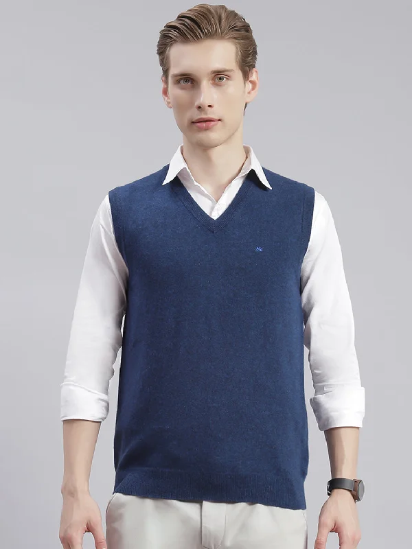 Men Blue Solid V Neck Sleeveless Sweaters/Pullovers