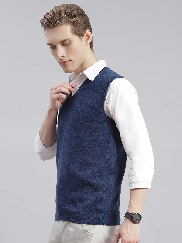 Men Blue Solid V Neck Sleeveless Sweaters/Pullovers