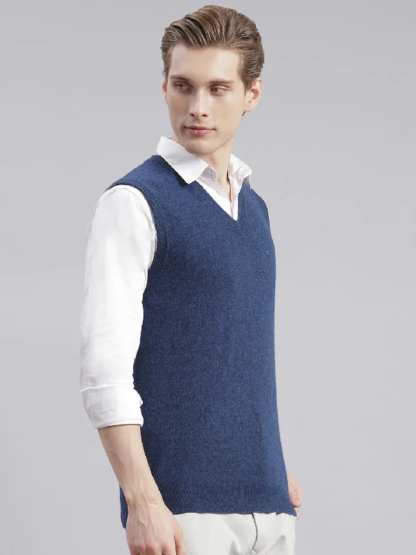 Men Blue Solid V Neck Sleeveless Sweaters/Pullovers