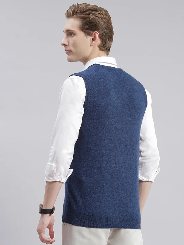 Men Blue Solid V Neck Sleeveless Sweaters/Pullovers