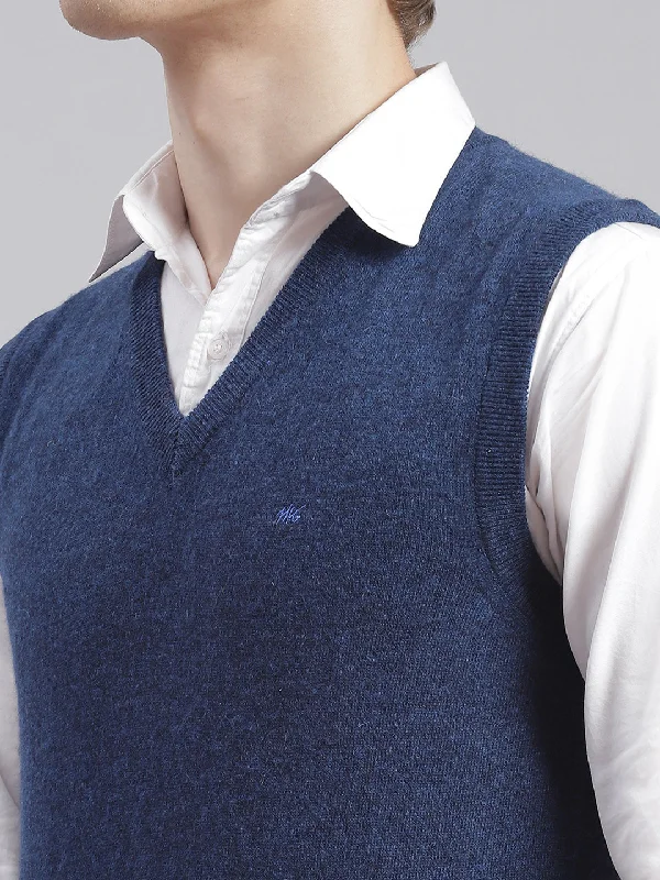 Men Blue Solid V Neck Sleeveless Sweaters/Pullovers