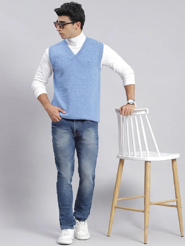 Men Blue Solid V Neck Sleeveless Sweaters/Pullovers