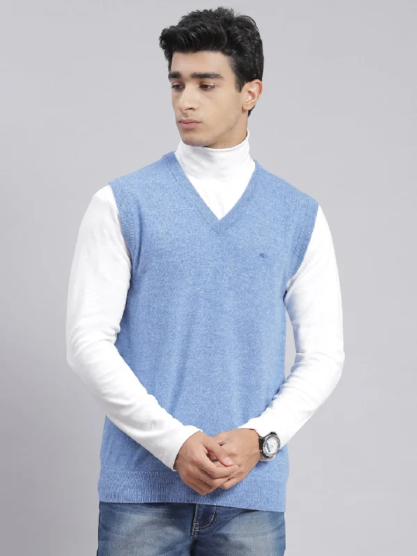 Men Blue Solid V Neck Sleeveless Sweaters/Pullovers