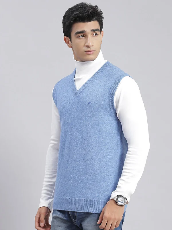 Men Blue Solid V Neck Sleeveless Sweaters/Pullovers