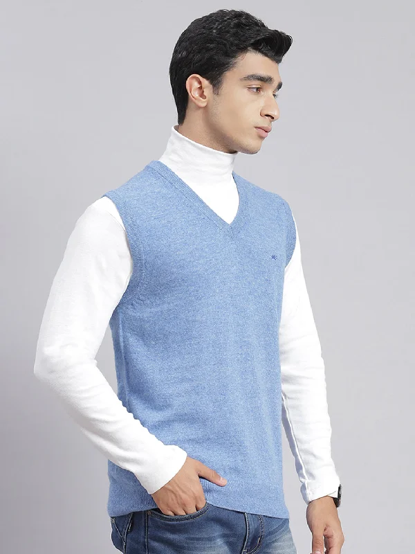 Men Blue Solid V Neck Sleeveless Sweaters/Pullovers