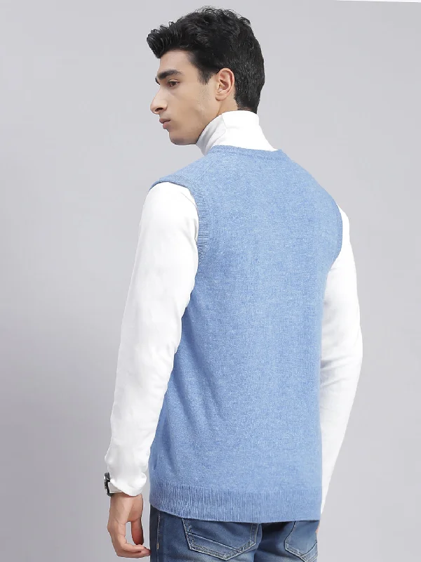 Men Blue Solid V Neck Sleeveless Sweaters/Pullovers