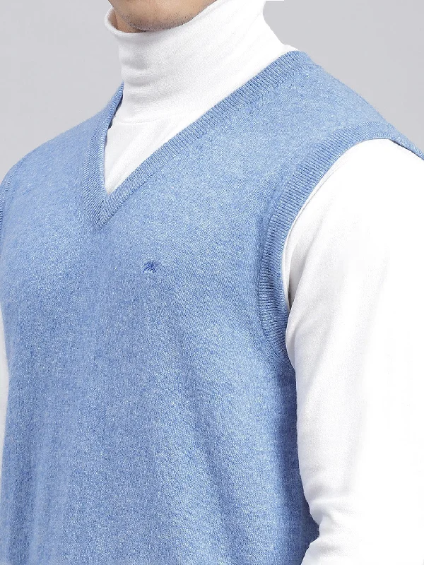 Men Blue Solid V Neck Sleeveless Sweaters/Pullovers