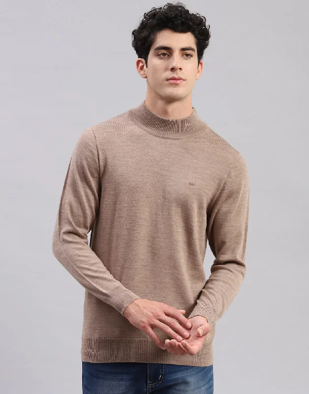 Men Brown Solid T Neck Full Sleeve Sweaters/Pullovers