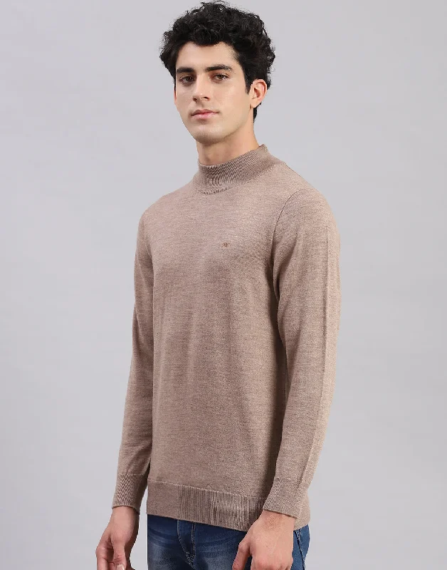 Men Brown Solid T Neck Full Sleeve Sweaters/Pullovers