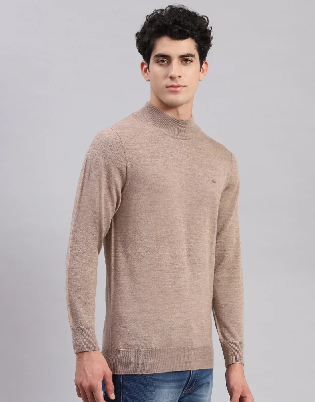 Men Brown Solid T Neck Full Sleeve Sweaters/Pullovers