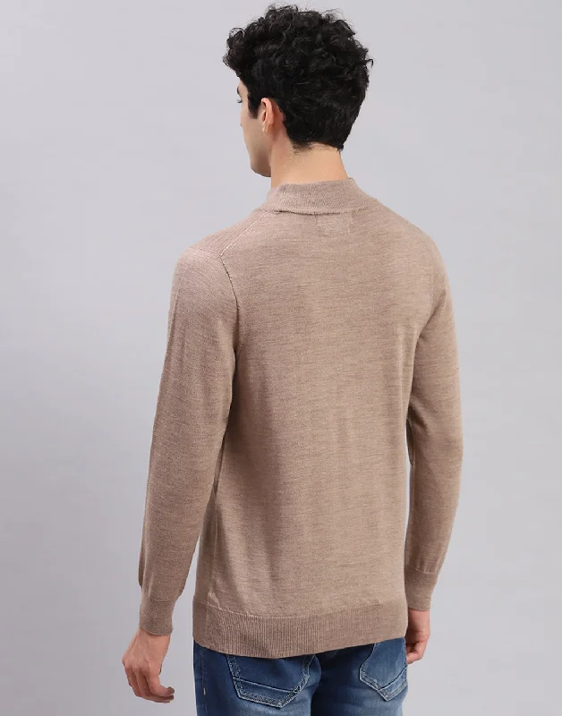 Men Brown Solid T Neck Full Sleeve Sweaters/Pullovers