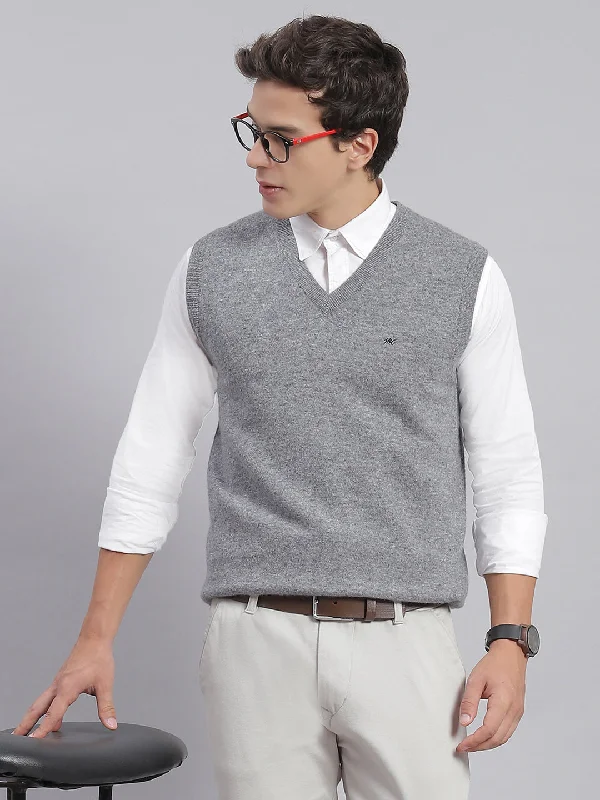 Men Grey Melange Solid V Neck Sleeveless Sweaters/Pullovers