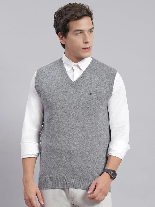 Men Grey Melange Solid V Neck Sleeveless Sweaters/Pullovers