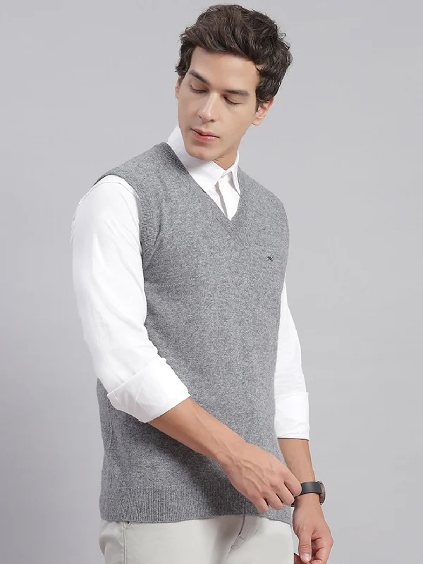 Men Grey Melange Solid V Neck Sleeveless Sweaters/Pullovers