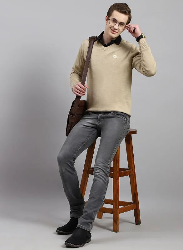 Men Beige Solid Wool blend Pullover