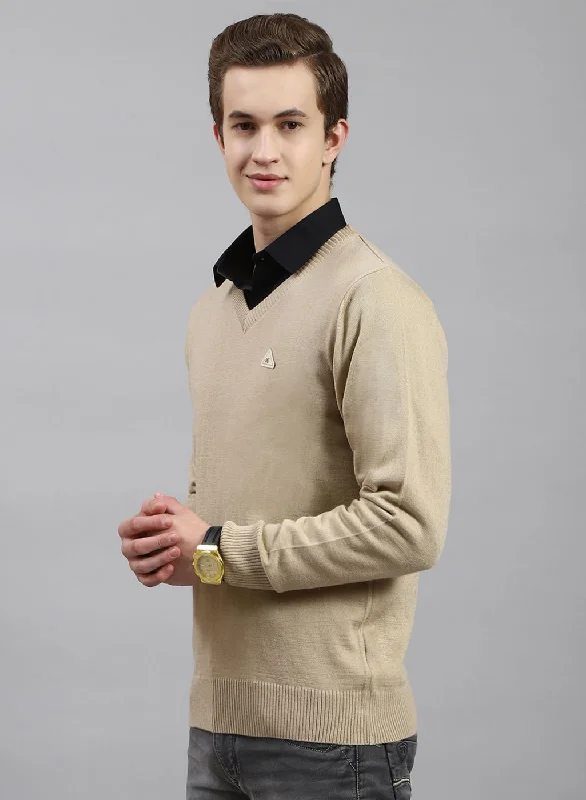 Men Beige Solid Wool blend Pullover