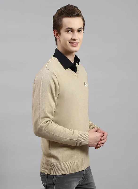 Men Beige Solid Wool blend Pullover