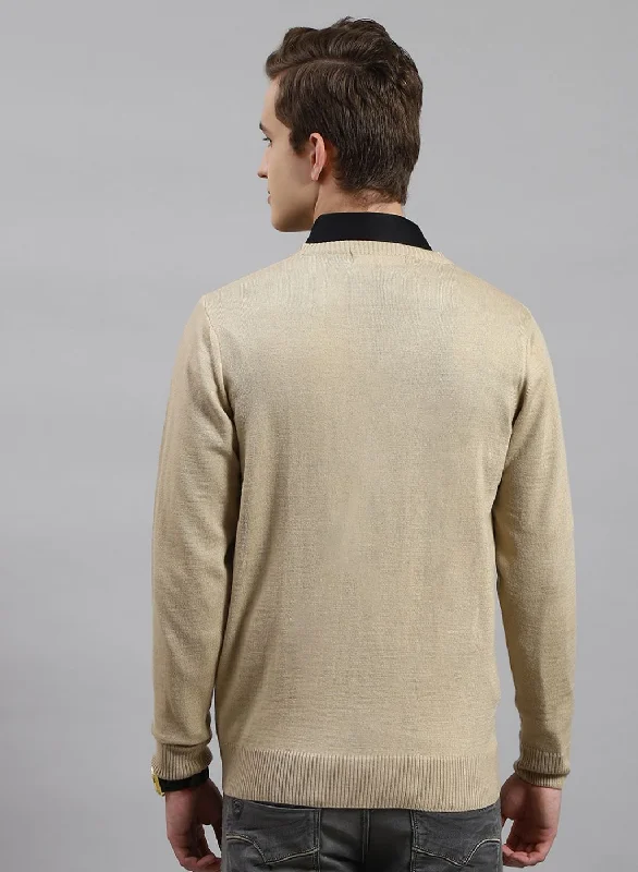 Men Beige Solid Wool blend Pullover