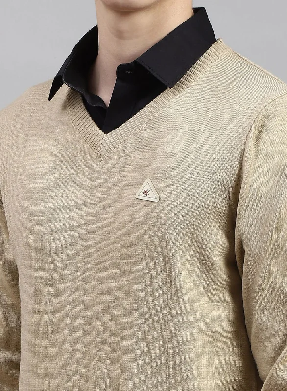 Men Beige Solid Wool blend Pullover