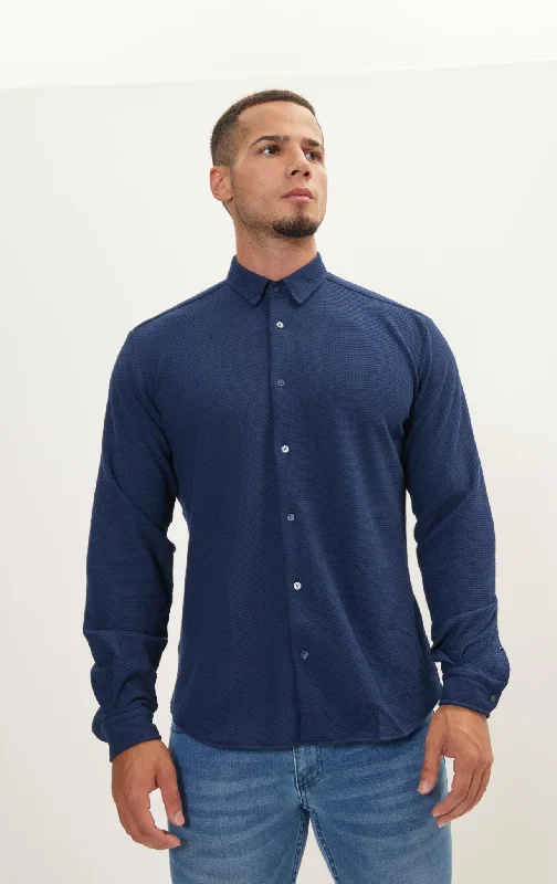 Pure Cotton Knit Travel Shirt - Waffle Jacquard Navy