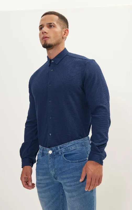 Pure Cotton Knit Travel Shirt - Waffle Jacquard Navy