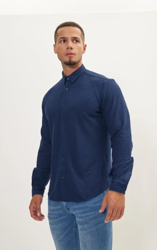 Pure Cotton Knit Travel Shirt - Waffle Jacquard Navy