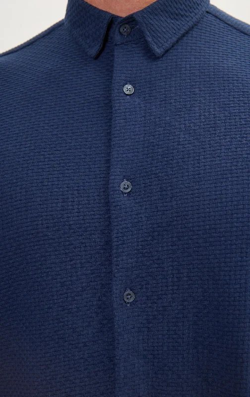 Pure Cotton Knit Travel Shirt - Waffle Jacquard Navy