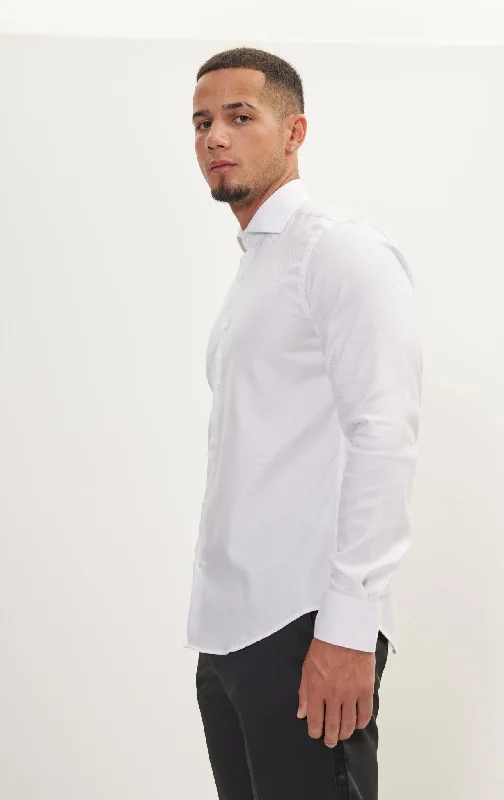 Pure Cotton French Placket Spread Collar Dress Shirt - White Grey Striped