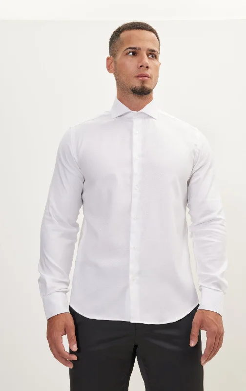 Pure Cotton French Placket Spread Collar Dress Shirt - White Grey Striped