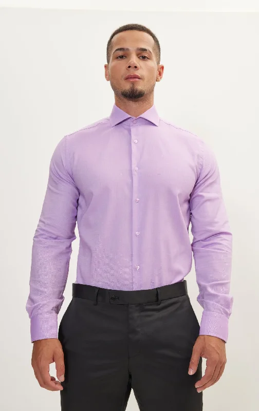 Pure Cotton French Placket Spread Collar Dress Shirt - White Purple