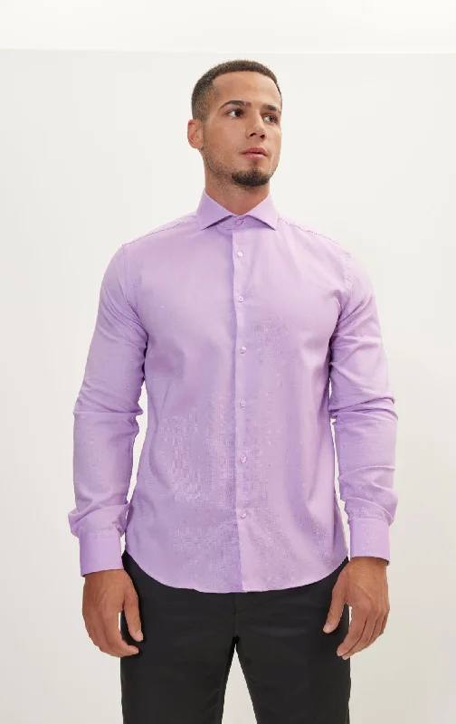 Pure Cotton French Placket Spread Collar Dress Shirt - White Purple