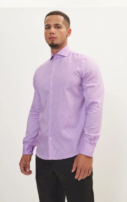 Pure Cotton French Placket Spread Collar Dress Shirt - White Purple