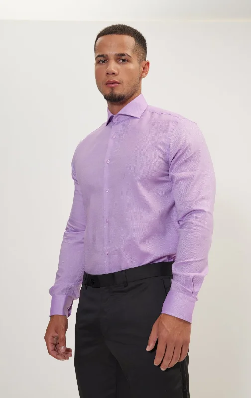 Pure Cotton French Placket Spread Collar Dress Shirt - White Purple