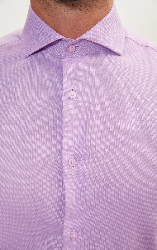 Pure Cotton French Placket Spread Collar Dress Shirt - White Purple