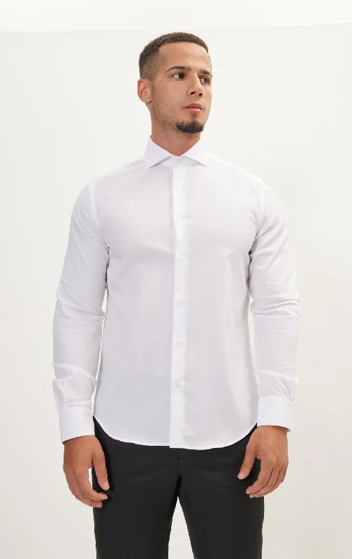 Pure Cotton French Placket Spread Collar Dress Shirt - Pique White