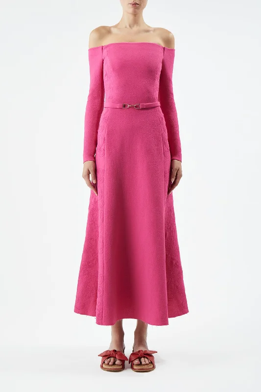 Carole Embroidered Dress in Fuchia Virgin Wool Crepe