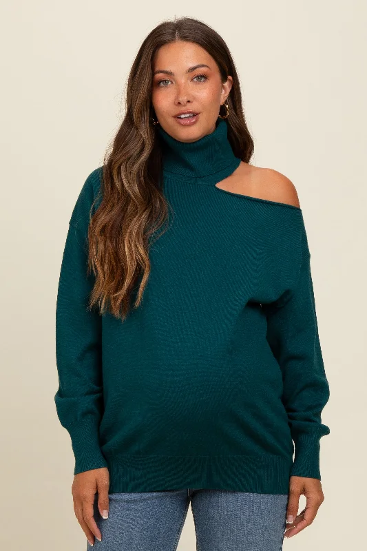 Dark Teal Cold Shoulder Turtle Neck Maternity Sweater